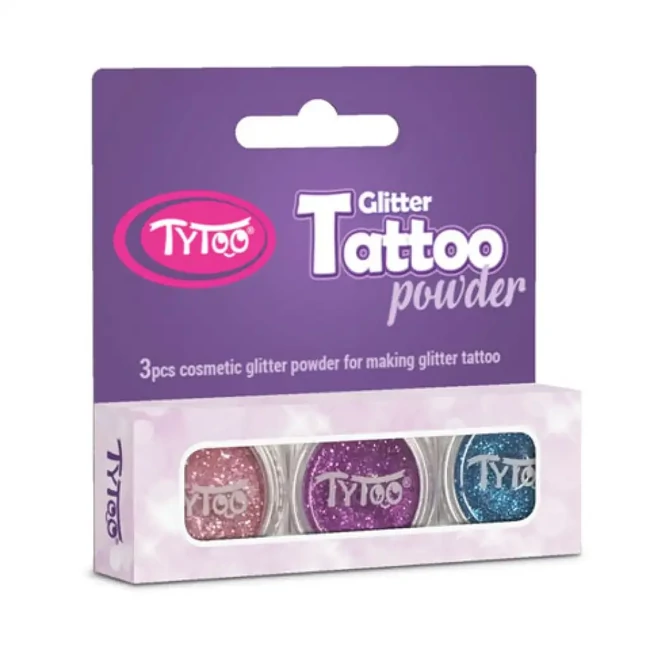 TyToo: Babarózsaszín, türkizkék és mályva síznű csillámpor szett 3×2,5ml