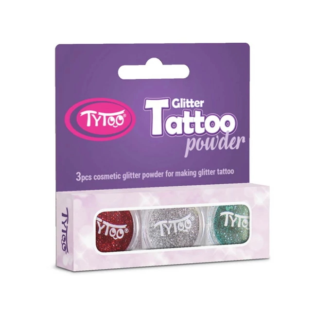 TyToo: Piros, ezüst és világos türkizzöld színű csillámpor szett 3×2,5ml