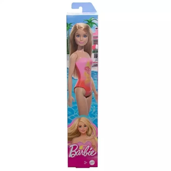 Barbie Beach baba rózsaszín színű, pálma mintás fürdőruhában – Mattel