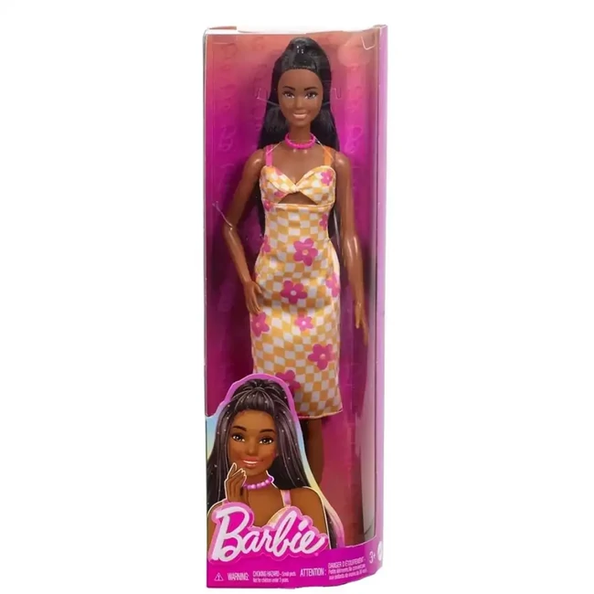 Barbie: Fashionista stílusos baba kockás, virágos mintás ruhácskában – Mattel