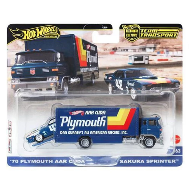 Hot Wheels: Sakura sprinter prémium autószállító kamion 70 Playmouth Aar Cuda kisautóval 1/64 – Mattel