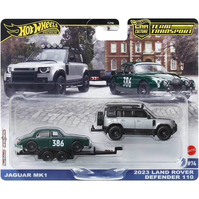 Hot Wheels: Jaguar MK1 és 2023 Land Rover Defender 110 prémium autószállító szett 1/64 – Mattel