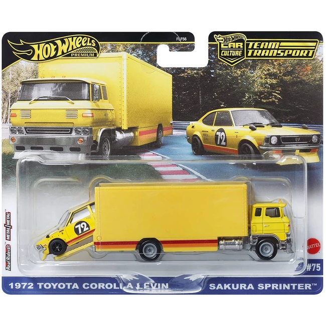 Hot Wheels: 1972 Toyota Corolla Levin Sakura Sprinter prémium autószállító szett 1/64 – Mattel