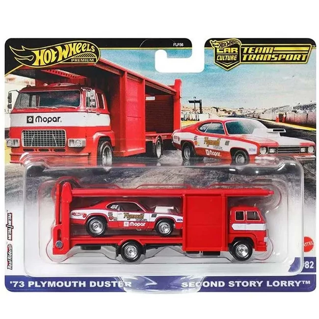 Hot Wheels: Second Story Lorry Prémium autószállító és 73 Plymouth Duster kisautó 1/64 – Mattel