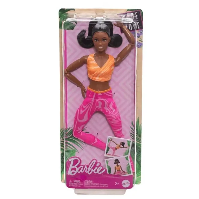 Barbie: Hajlékony jógababa fekete hajjal narancssárga felsőben – Mattel