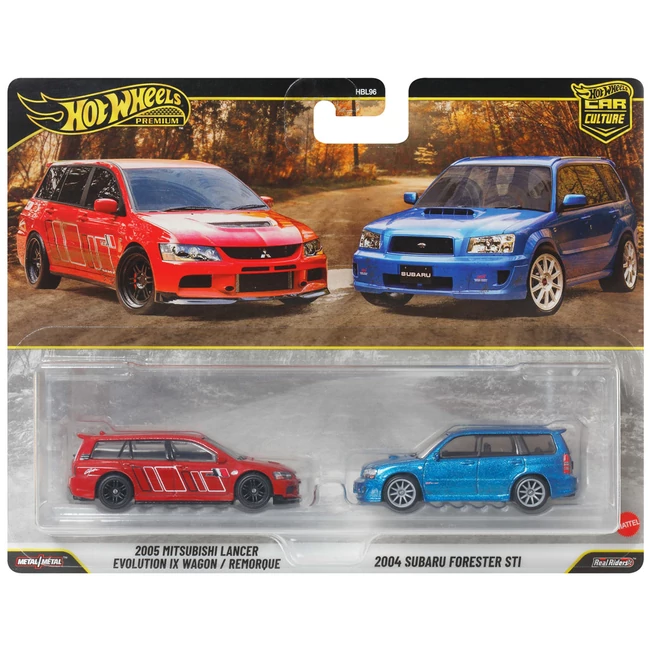 Hot Wheels: Deluxe 2005 Mitsubishi Lancer Evolution IX Wagon és 2004 Subaru Forester STI kisautó 2 db-os csomag 1/64 – Mattel