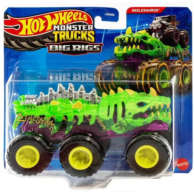 Hot Wheels Monster Trucks: Hatkerekű vontató Skelesaurus – Mattel