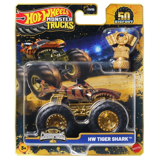 Hot Wheels Monster Trucks: Tiger Shark bajnok kisautó serleggel 1/64 – Mattel