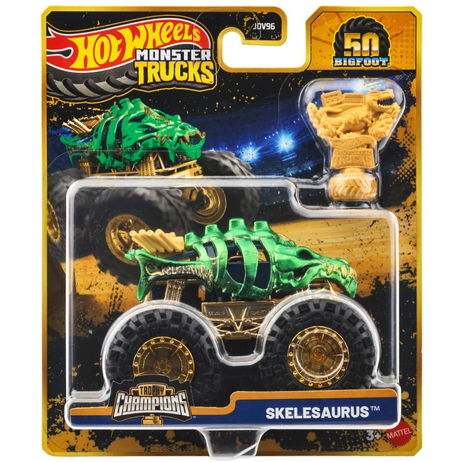 Hot Wheels Monster Trucks: Skelesaurus bajnok monster kisautó serleggel 1/64 – Mattel