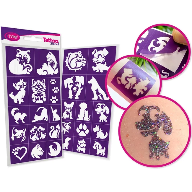 TyToo: Kutyák és macskák csillámtetoválás sablon szett 27 db