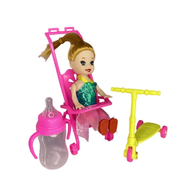 Katie: Sandra baba pink babakocsival, rollerrel és cumisüveggel 10 cm