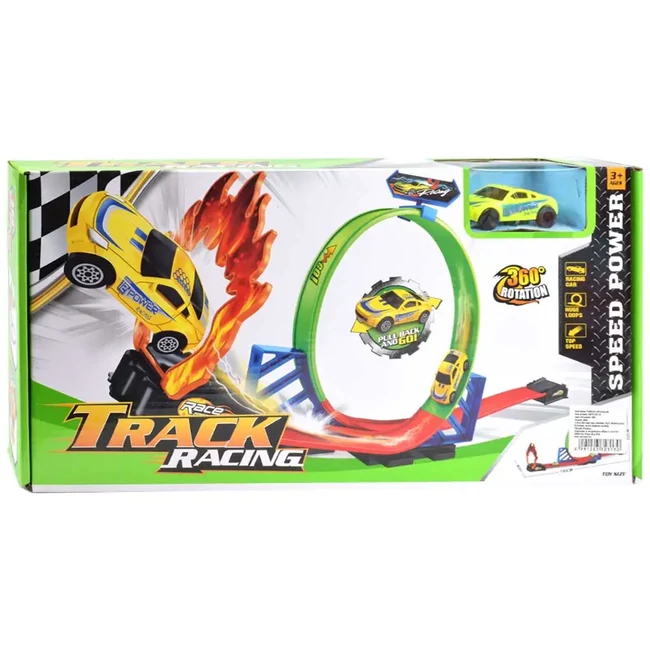 Track Racing versenypálya hurokkal, lángoló ugratóval és hátrahúzós kisautóval