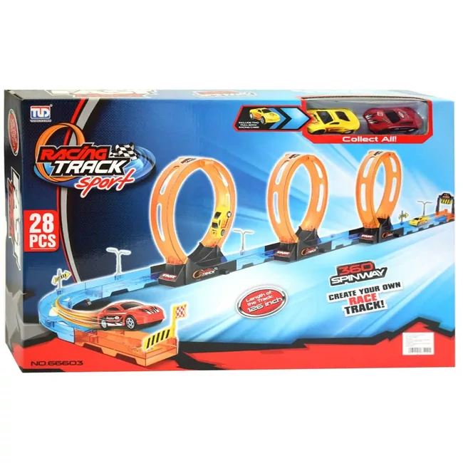 Racing Track 28 db-os versenypálya szett 3 db hurokkal és 2 db hátrahúzható autóval 1/64