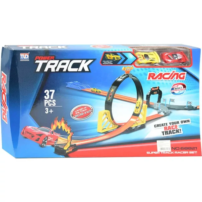 Power Track 37 db-os versenypálya szett hurokkal és 2 db hátrahúzható autóval 1/64