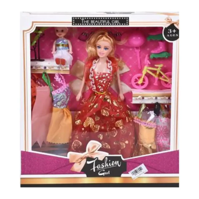 Fashion Girl: Baba és gyermek baba szett kerékpárral és kiegészítőkkel 28 cm-es