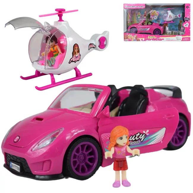 Pink sportautó helikopterrel és kiegészítőkkel, fénnyel és hanggal