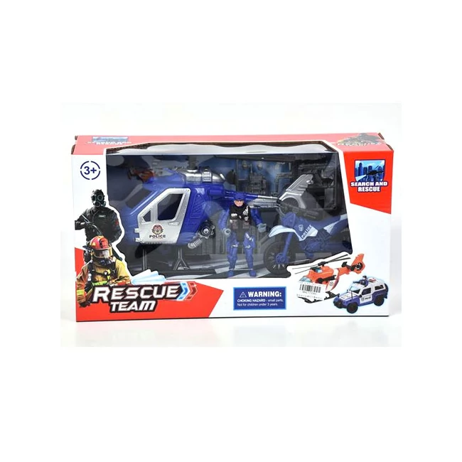 Rendőr játékszett motorral és helikopterrel
