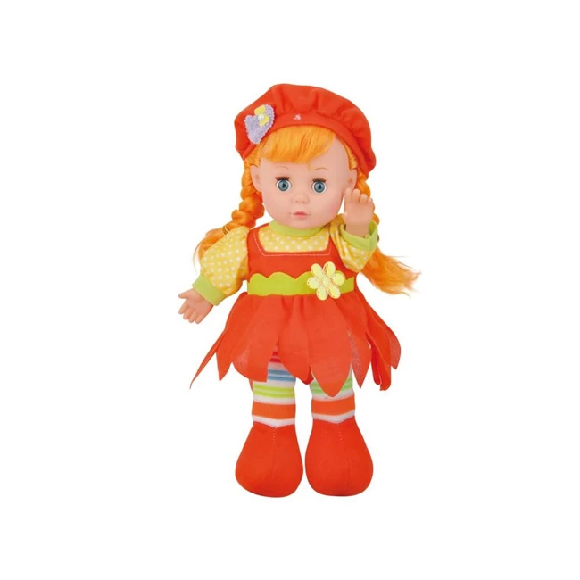 Vörös hajú rongytestű baba piros sapival 30 cm-es