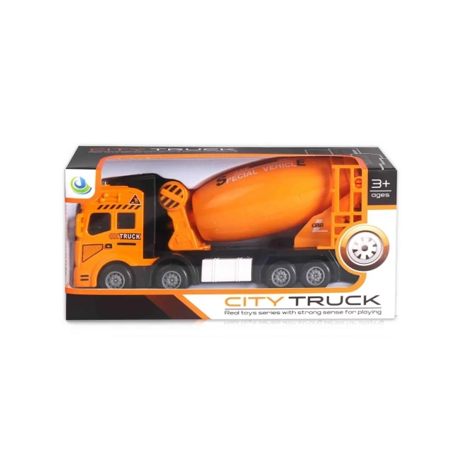 City Truck: Négytengelyes fém teherautó modell betonkeverő felépítménnyel – fénnyel és hanggal