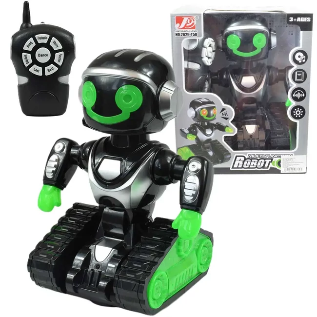Interaktív távirányítós robot fekete-zöld színben fénnyel és hanggal