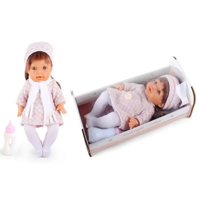 Pisilő baba kockás ruhában hanggal és kisággyal 30 cm