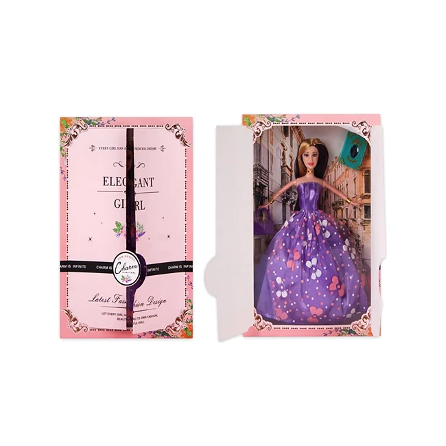 Elegáns Divatbaba kiegészítőkkel lila ruhában 30 cm