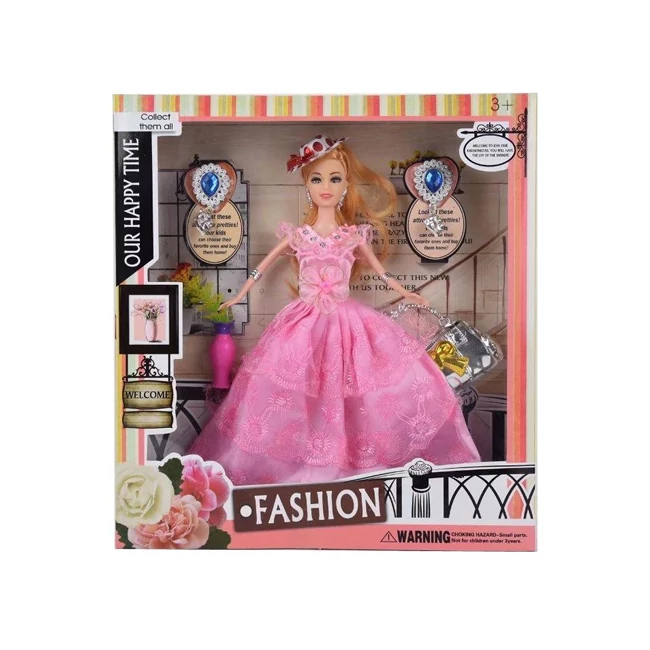 Fashion divatbaba kalappal, rózsaszín báli ruhában kiegészítőkkel 29 cm