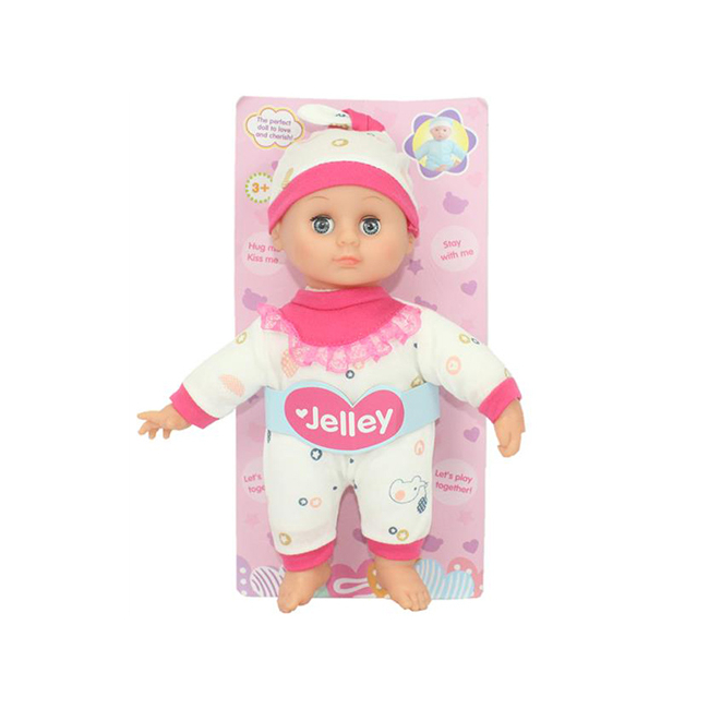 Jelley puha testű 26 cm-es baba rózsaszín-fehér mintás ruhában