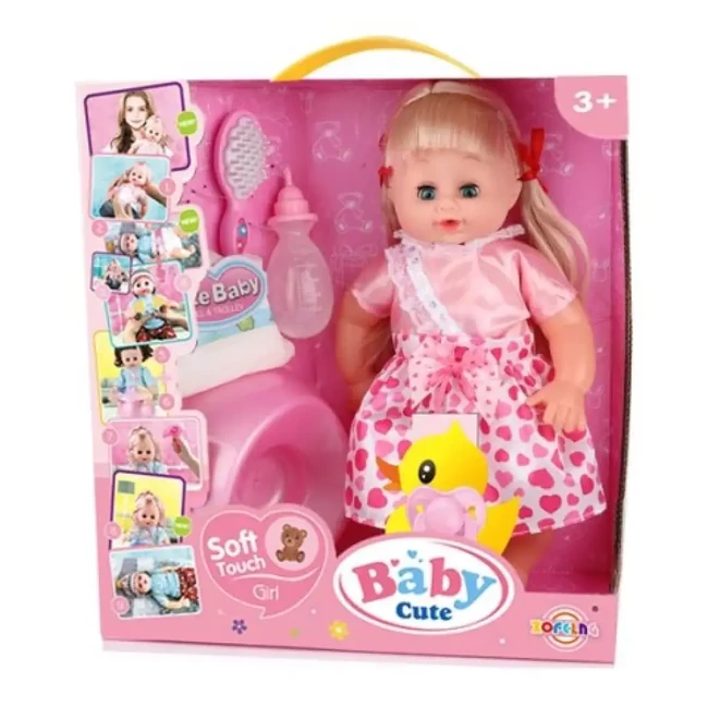Hajas baba rózsaszín ruhában kiegészítőkkel 35 cm-es