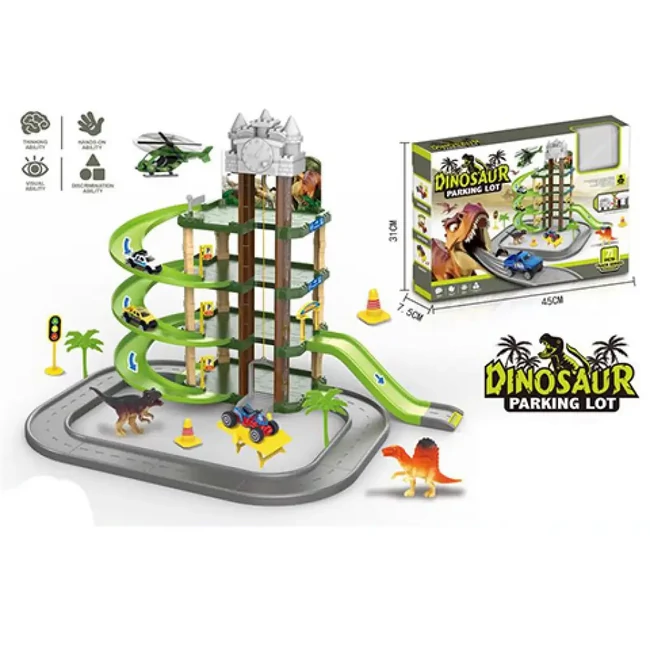 Négy szintes dinoszauruszos parkolóház figurákkal és járművekkel 71 db-os készlet