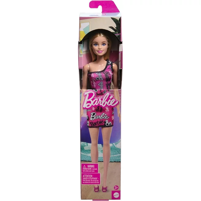 Barbie Chic szőke divatbaba rózsaszín, Barbie feliratú ruhában – Mattel