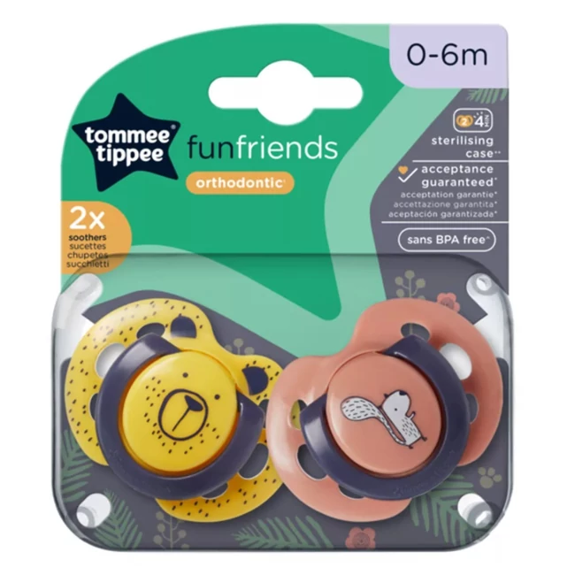 Tommee Tippee: FunFriends 2 db-os ortodontikus cumi szett több változatban (0–6 hó)