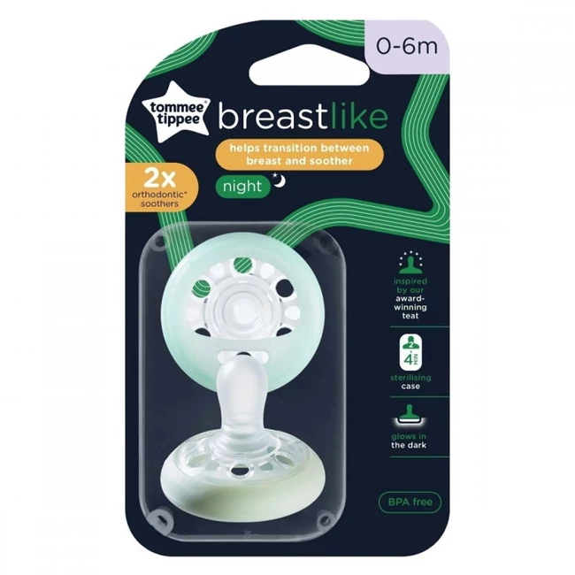 Tommee Tippee: Breast Like Anyamell formájú éjszakai fluoreszkáló cumi 2 db-os szett (0–6 hó)